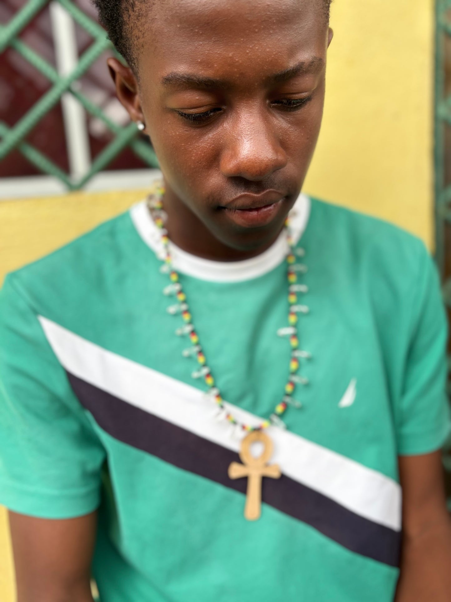 Wooden Ankh With Rasta Beads