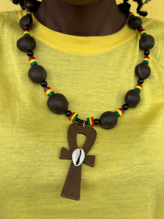 Cowrie Shelled Ankh - Donkey Eye Seed Necklace