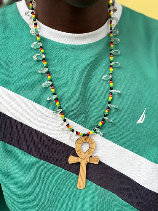 Wooden Ankh With Rasta Beads